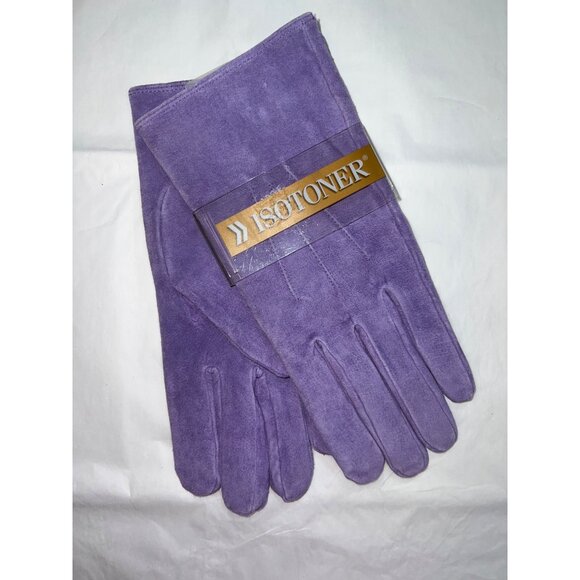Isotoner Womens Lavender Genuine Leather Suede Gloves XL Black Lining Warm - Picture 1 of 4